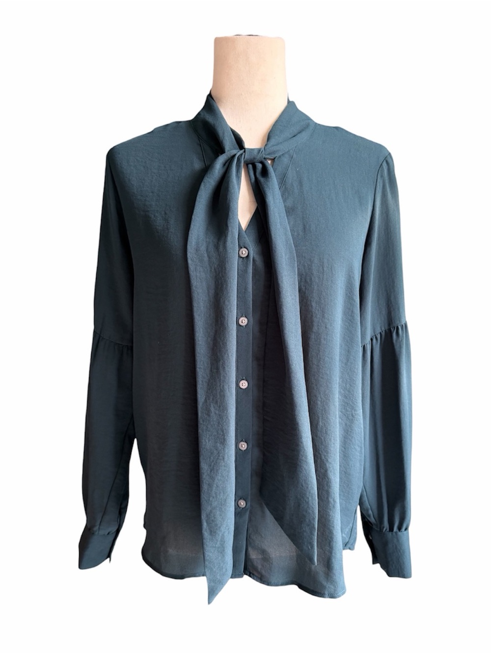 LOFT Ann Taylor Tie-Neck drop shoulder Long Sleeve Blouse deep Teal Blue XS